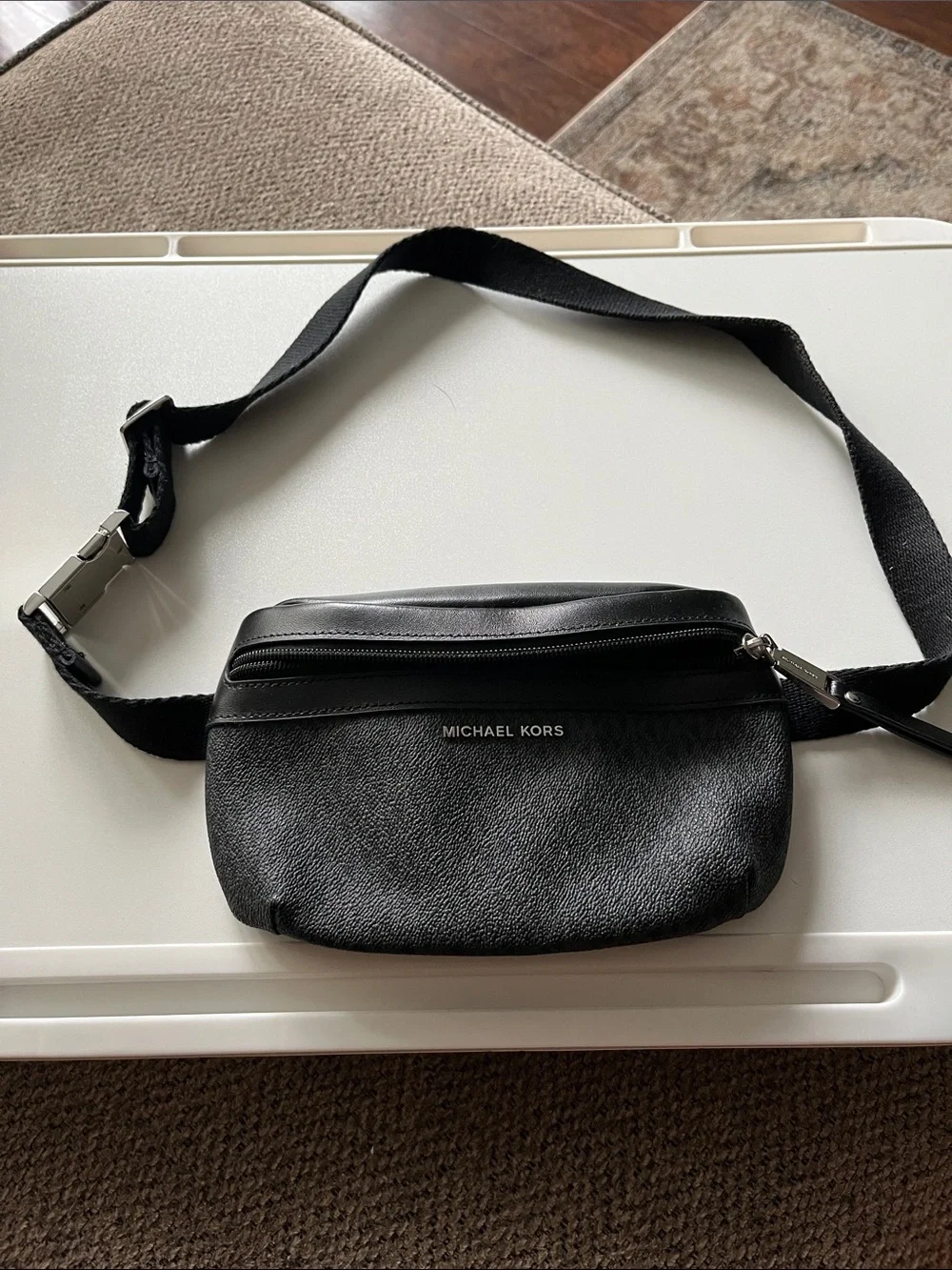 Michael Kors Black Pebbled Leather Belt Bag with Silver Hardware